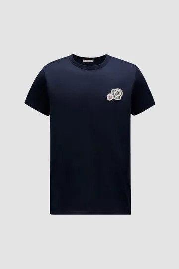 Dark Blue Double Logo Patch Cotton T-Shirt